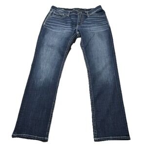 BKE Jake Straight Leg Jeans Mens 34R 34x30 Blue Thick Stitch Embroidered